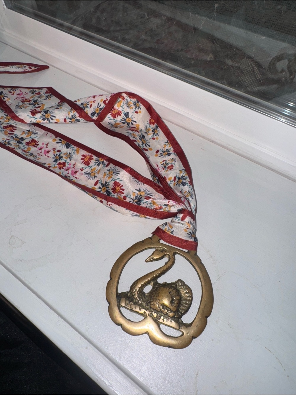 Floral Scarf Necklace with Brass Swan Pendant